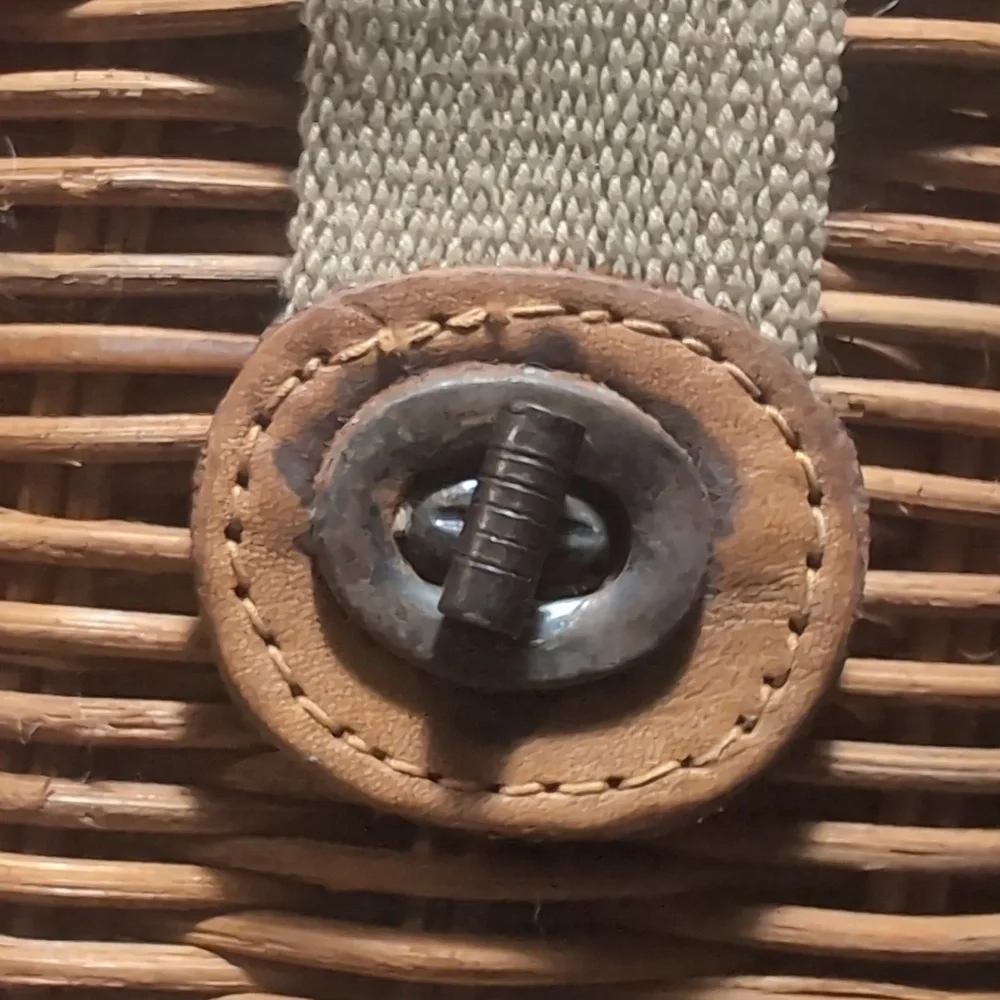 Vintage Round Woven Wicker Basket  Attached Lid Turn Key Closure